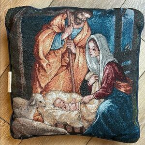 Vintage Tapestry Virgin Mary Baby Jesus Nativity Scene Throw Pillow Christmas